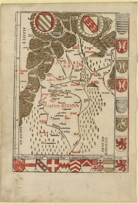 1513 Map Of Lorraine Lotharingia Printed In 3 Colours Black Red