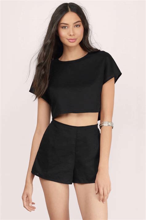 Black Crop Top Black Top Crew Neck Top Linen Crop