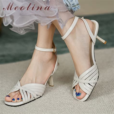 Meotina Women Genuine Leather Ankle Strap Sandals High Heel Shoes Buckle Square Toe Thin Heel