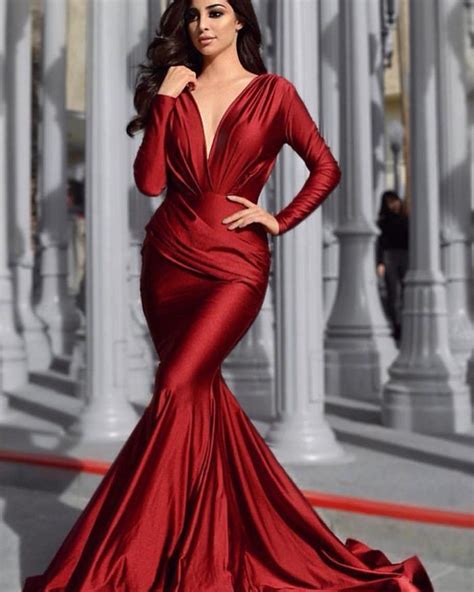 Deep V Neck Burgundy Ruched Satin Mermaid Prom Dress With Long Sleeves Pd1590 In 2021 Long