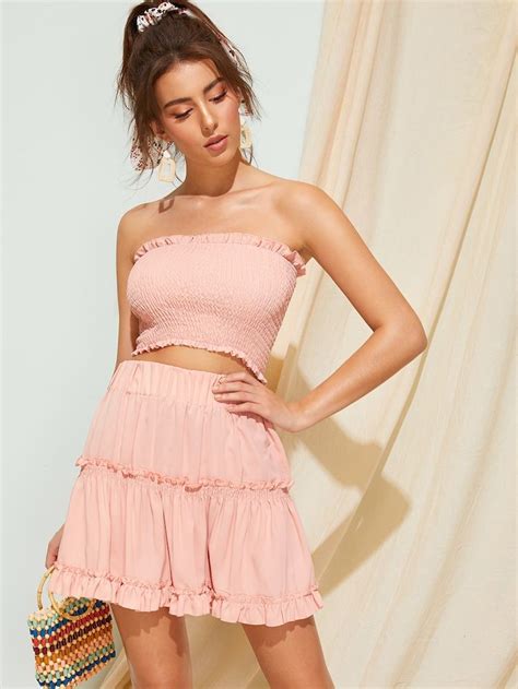 Shirred Solid Bandeau Top With Ruffle Skirt Shein Printed Bandeau