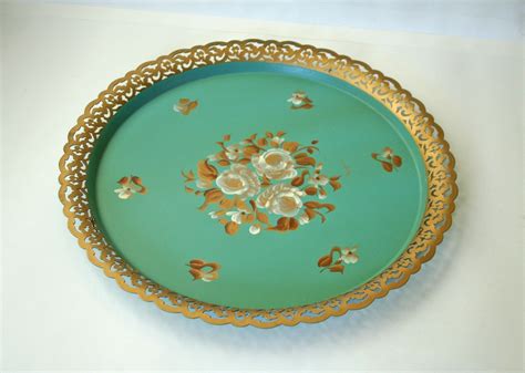 Seafoam Green Hand Painted Metal Tole Tray Etsy Tole Tray Metallic