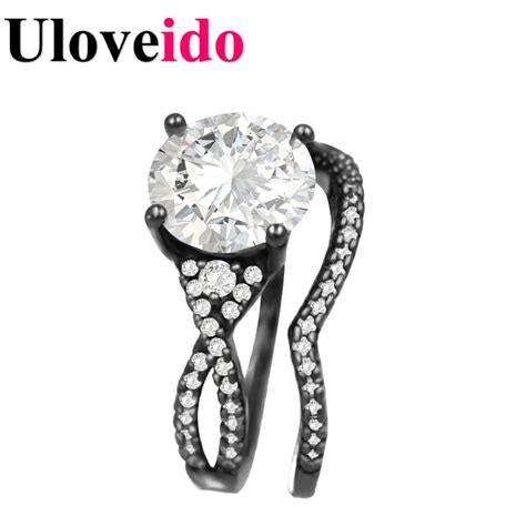 Uloveido Sale Bijoux Crystal Wedding Rings For Women Mens Jewelry Pairs Black Fashion Ring