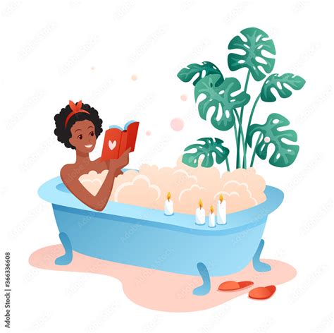 Bath Time Flat Vector Illustration Cartoon Happy Young Woman Character Lying In Bathtub Full Of