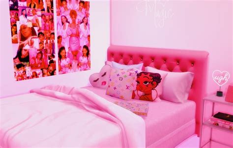 A Bedroom With Pink Walls And Pictures On The Wall