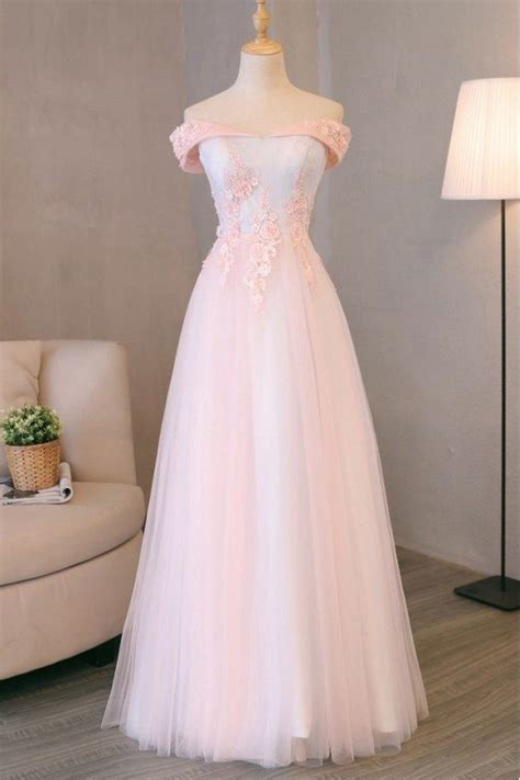 Pretty Pink Tulle Long Prom Dress Lace With Off Shoulder 102 46 Mqd17029