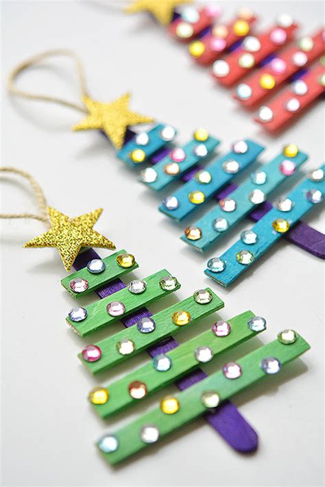 Glittering Popsicle Stick Christmas Trees Made With Sticker Rhinestones