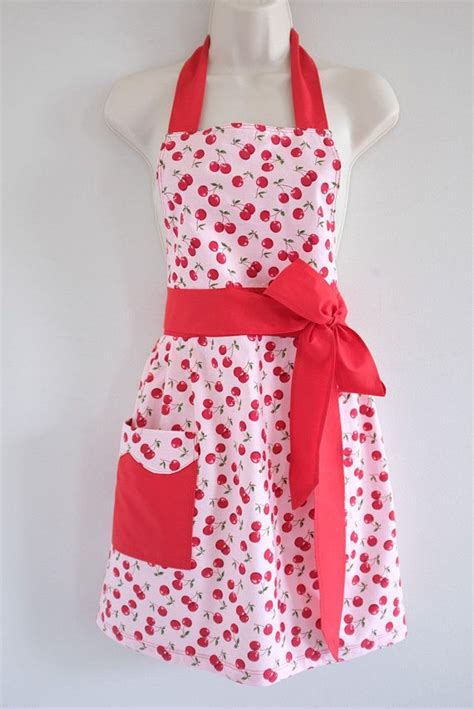 Pretty In Pink Cherries Apron For Woman Womans Aprons Cherry Apron Retro Apron Mother