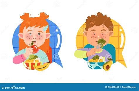 Little Boy And Girl Eating Healthy Food Kids Enjoying Of Eating