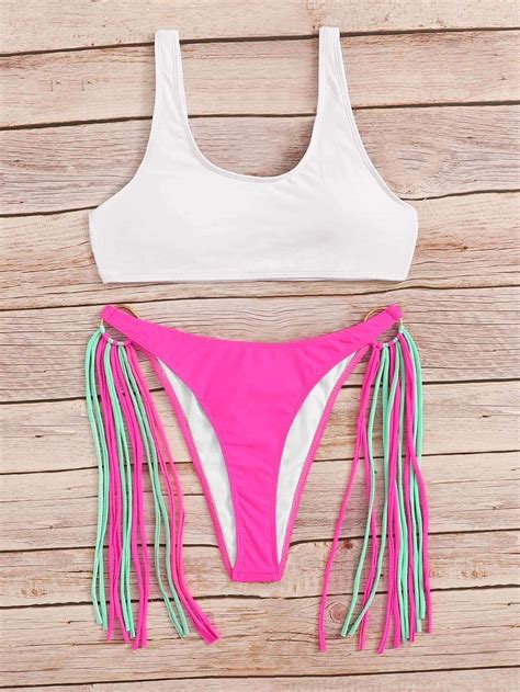 white cami top swimsuit with neon hot pink fringe bikini bottom white cami tops swimsuit tops