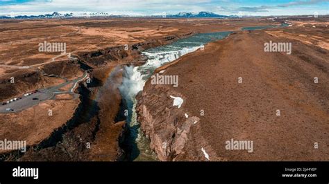 Panoramic Aerial View Of Popular Tourist Destination Gullfoss