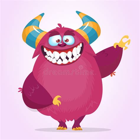 Funny Cartoon Pink Monster Waving Vector Cute Monster Mascot Illustration For Halloween Stock