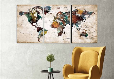 Large World Map Canvas Print 3 Panel Ready To Hang World Map Wall Art