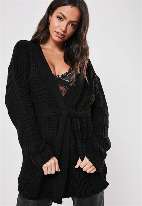 Black Belted Tie Waist Longline Cardigan Missguided Knit Outfit