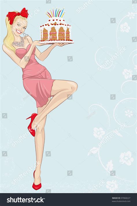 beautiful smiling blonde woman holding cake with lit candles stock vector illustration 97068227