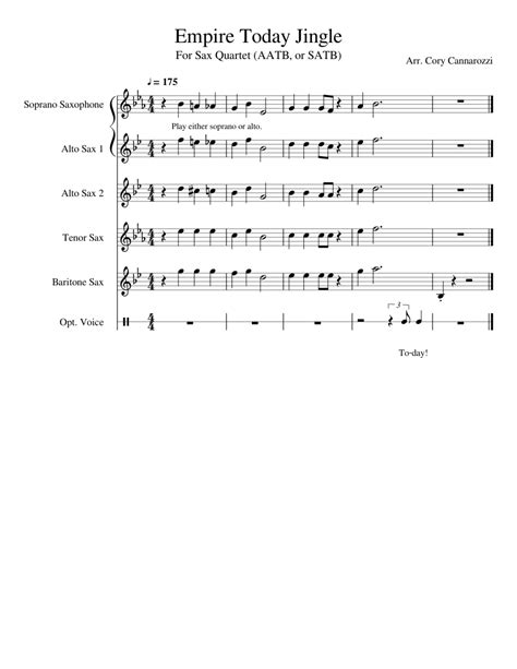 Empire Today Jingle Sax Quartet Sheet Music For Saxophone Alto