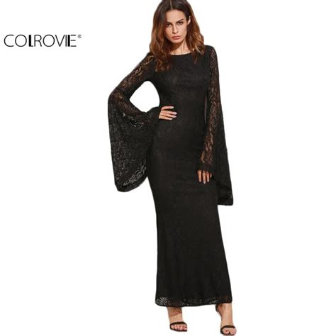colrovie womens dresses new arrival slim pencil long maxi dress black oversized bell sleeve