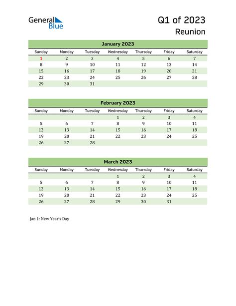 Q1 2023 Quarterly Calendar With Reunion Holidays