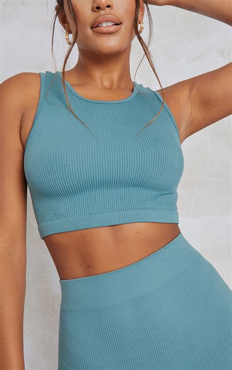 Teal Structured Contour Rib Sleeveless Crop Top Prettylittlething Usa