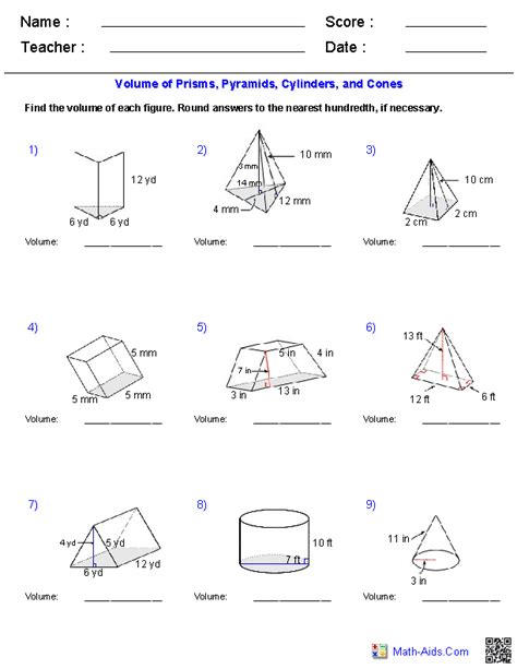 Volume Of Cones Cylinders And Spheres Worksheet
