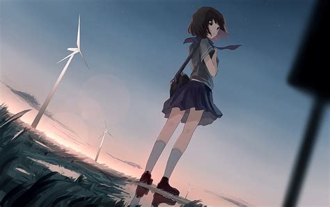 Hd Wallpaper Anime Girl School Uniform Scenic Wind Turbine Sky