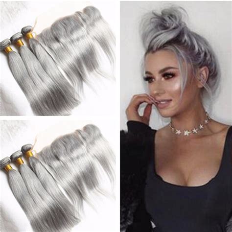 Best Quality Silver Grey Brazilian Hair Weave With 13x4 Lace Frontal