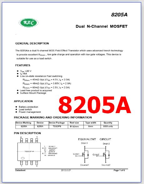 8205A PDF Datasheet 20V 6A Dual N Channel MOSFET