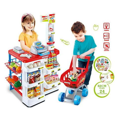 Supermarket Play Set Toys For Kids Wshopping Cart Cash Register And