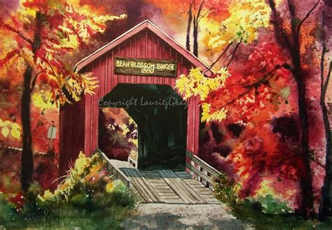 Autumn Covered Bridge Fine Art Print Watercolor Painting Etsy