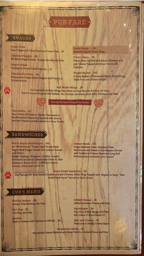 Menu at Red Wolfe Inn steakhouse, Belvidere