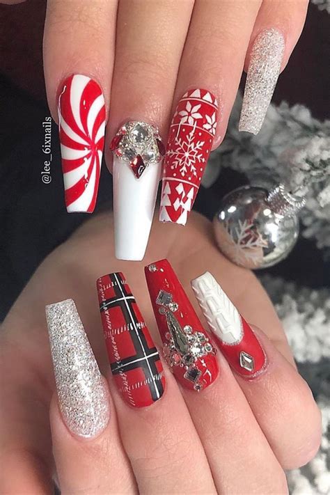 Cute Red And Silver Glitter Christmas Nails Coffin Shaped Elegant Nail