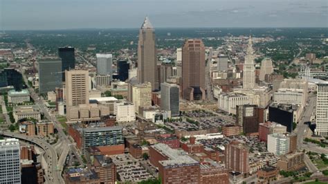 5k Stock Footage Aerial Video Passing Downtown Cleveland Skyscrapers