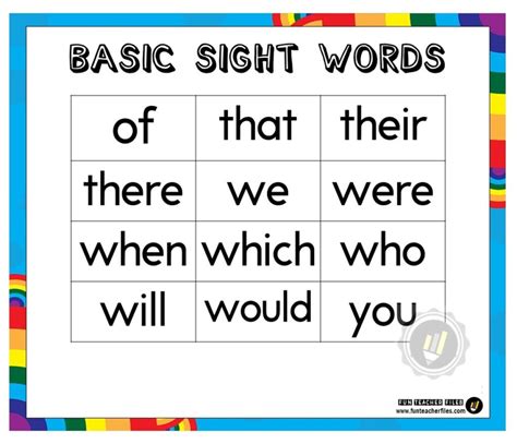 Basic Sight Words Charts Fun Teacher Files