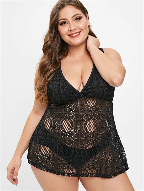 wipalo women openwork plus size plunging neck swim set see through lace solid beach wear casual