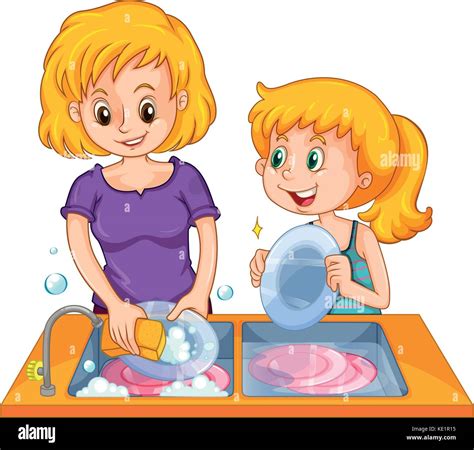 Niña Ayudando A Mamá Lavando Los Platos Ilustración Imagen Vector De