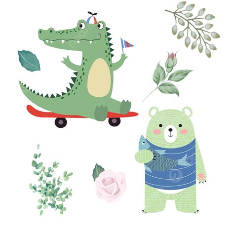 Spring Forest Animals Cartoon Combination Leaves Green Plants Spring
