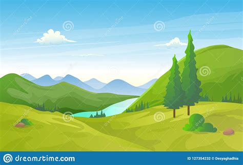 Natural Green Valley Landscape With River And Mountain Row Stock