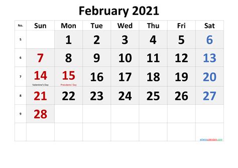 February 2021 Calendar With Holidays Printable Template Nocr21m50
