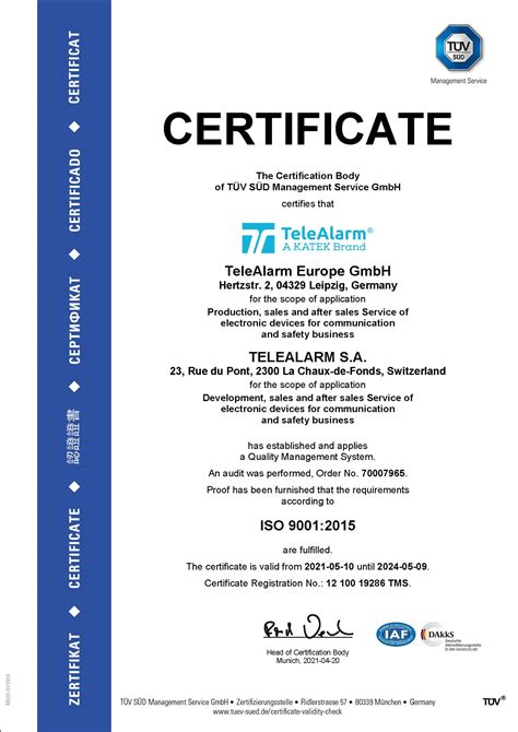 High Quality Standards TÜv SÜd Certification Telealarm