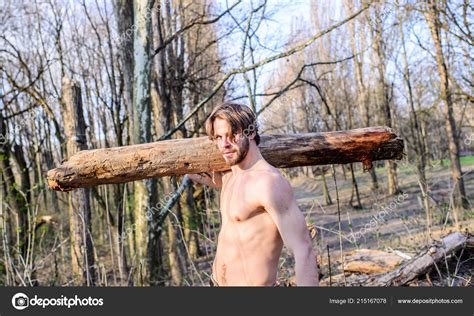 Lumberjack Or Woodman Sexy Naked Muscular Torso Gathering Wood Man