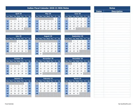 Download Indian Fiscal Calendar 2020 21 With Notes Excel Template