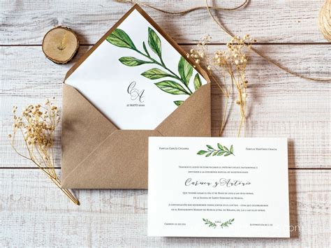 Invitaciones De Boda Clásicas Con Hojas Verdes Sencillas Y Modernas