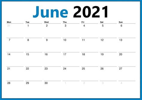 June 2021 Calendar Template Word Excel Pdf Printable Blank Calendar