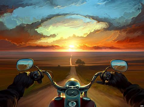 Road Pov Motorcycle Sunset Painting Art 24x32 Print Poster
