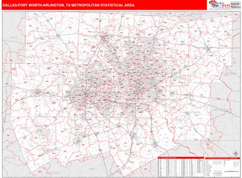 Dallas Fort Worth Arlington Tx Metro Area Zip Code Wall Map Red Line