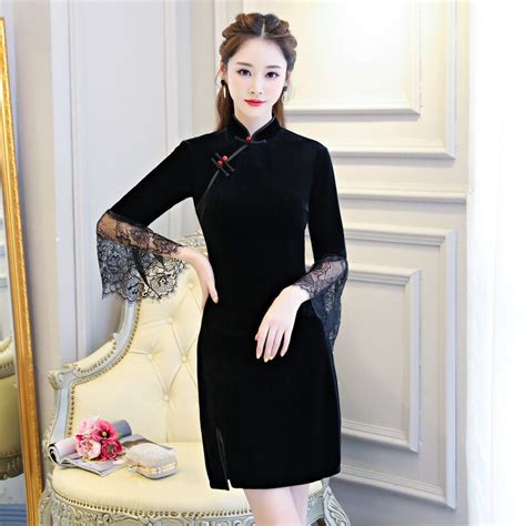 Sexy Black Velvet Short Cheongsam Dress Mini Qipao Horn Sleeve Velour