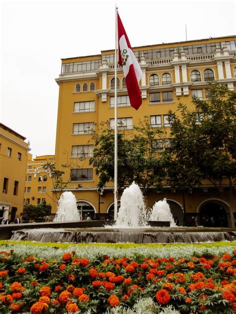 Lima Peru The Flag Of Peru In White And Red Colors In A Fountain And