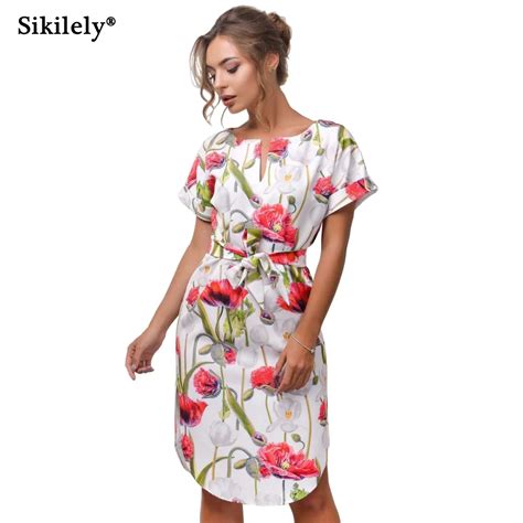 Womens Summer Dress Short Sleeve Floral Printed Side Split Beach Dress