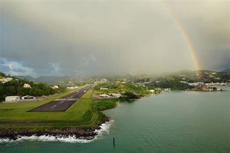 The Caribbean The Island Of St Lucia Rainbow Over The Airfield Stock
