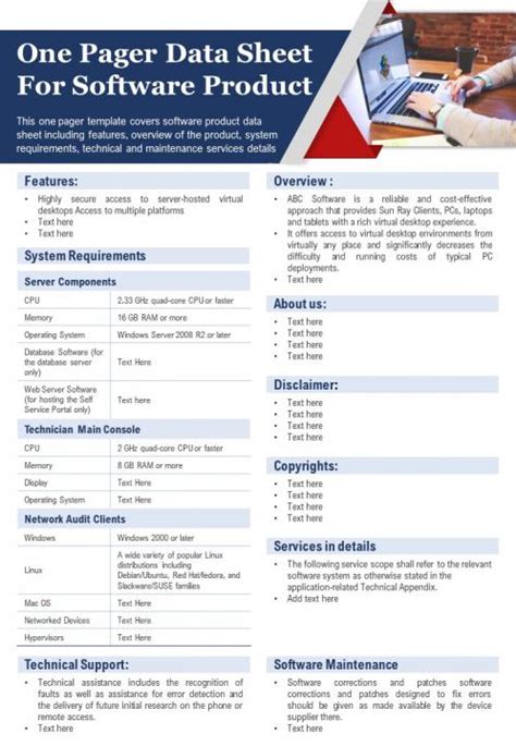 One Pager Data Sheet For Software Product Presentation Report